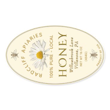 Ivory oval honey label with heraldic bees, daisy