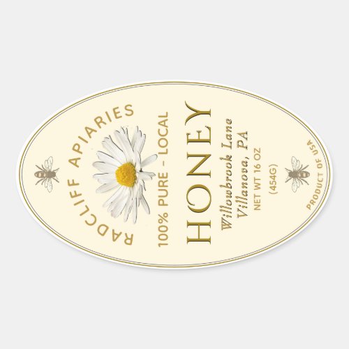 Ivory oval honey label with heraldic bees daisy