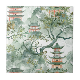 Ivory Pagoda Sage Botanical Chinoiserie Ceramic Tile