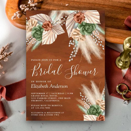 Ivory Palm Earthy Floral Pampas Rust Bridal Shower Invitation