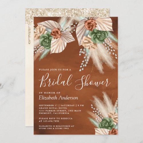 Ivory Palm Earthy Floral Pampas Rust Bridal Shower Invitation