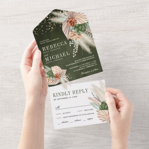 Ivory Palm Earthy Floral Pampas Sage Green Wedding All In One Invitation