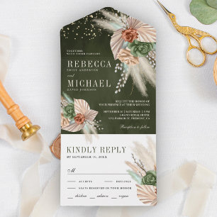 Ivory Palm Earthy Floral Pampas Sage Green Wedding All In One Invitation
