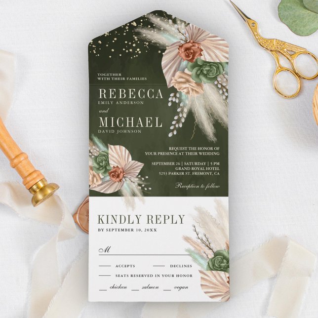 Ivory Palm Earthy Floral Pampas Sage Green Wedding All In One Invitation (Creator Uploaded)