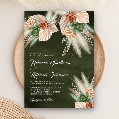 Ivory Palm Earthy Floral Pampas Sage Green Wedding Invitation
