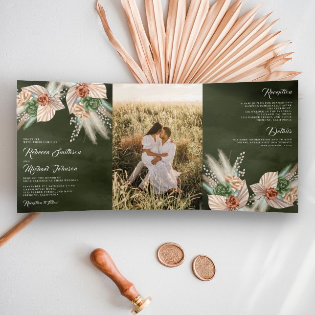 Ivory Palm Earthy Floral Pampas Sage Green Wedding Tri-Fold Invitation (Creator Uploaded)