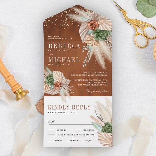 Ivory Palm Earthy Floral Pampas Terracotta Wedding All In One Invitation