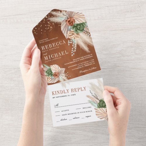 Ivory Palm Earthy Floral Pampas Terracotta Wedding All In One Invitation