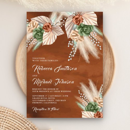 Ivory Palm Earthy Floral Pampas Terracotta Wedding Invitation