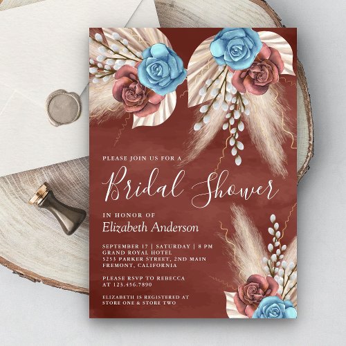 Ivory Palm Pampas Cinnamon Roses Bridal Shower Invitation