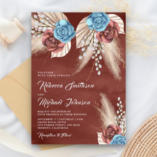 Ivory Palm Pampas Cinnamon Roses Wedding Invitation