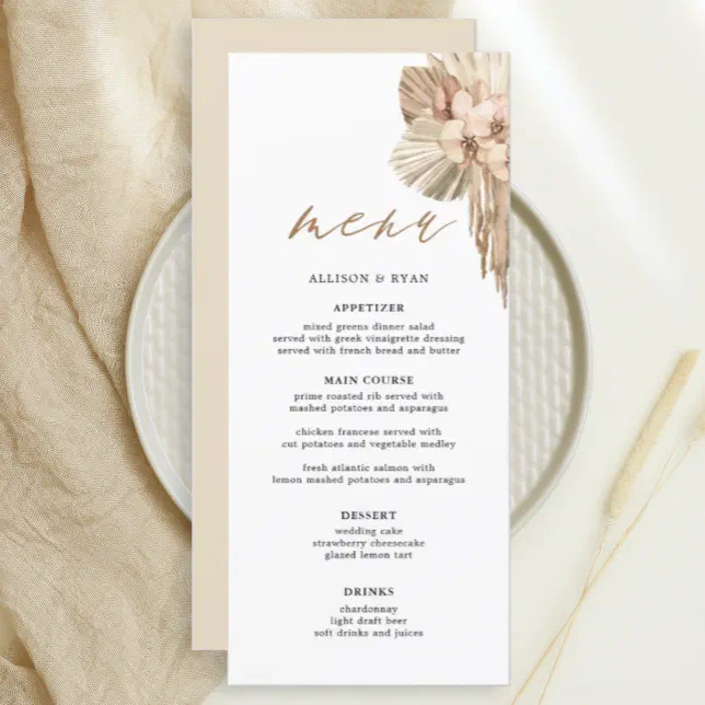 Ivory Pampas Grass Bohemian Wedding Menus | Zazzle