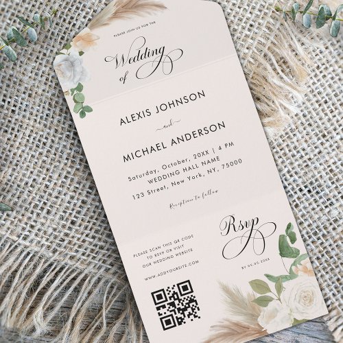 Ivory Pampas Grass Roses  Elegant Script Wedding  All In One Invitation