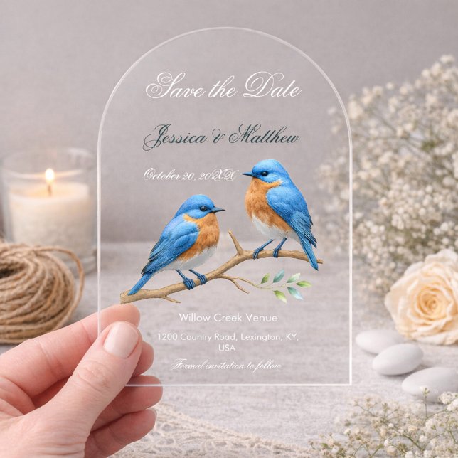 Ivory Pastel Lovebirds Romantic Bluebirds Wedding Acrylic Invitations (Creator Uploaded)