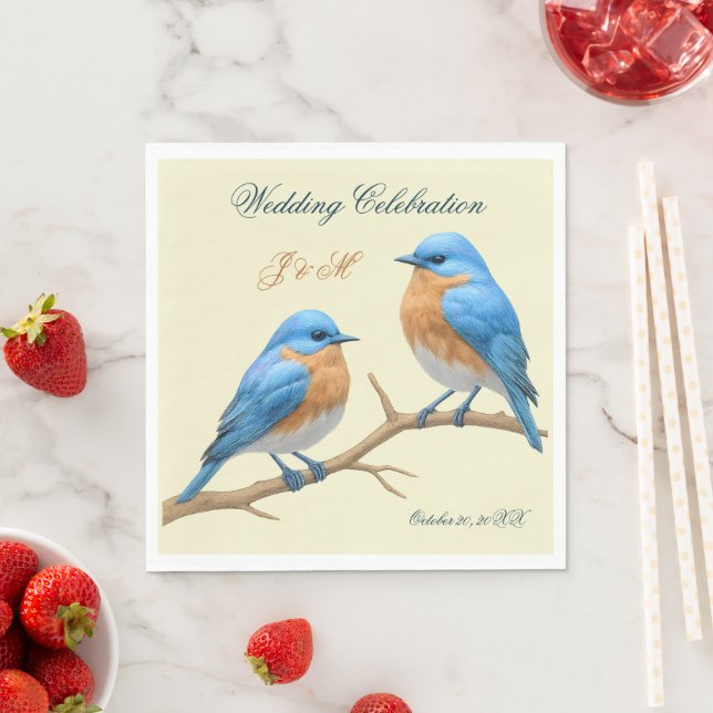 Ivory Pastel Lovebirds Romantic Bluebirds Wedding Napkins (Insitu)