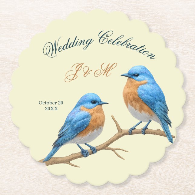 Ivory Pastel Lovebirds Romantic Bluebirds Wedding Paper Coaster (Front)
