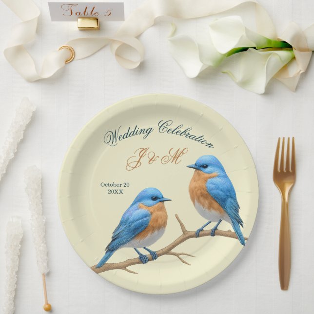 Ivory Pastel Lovebirds Romantic Bluebirds Wedding Paper Plates (Wedding)