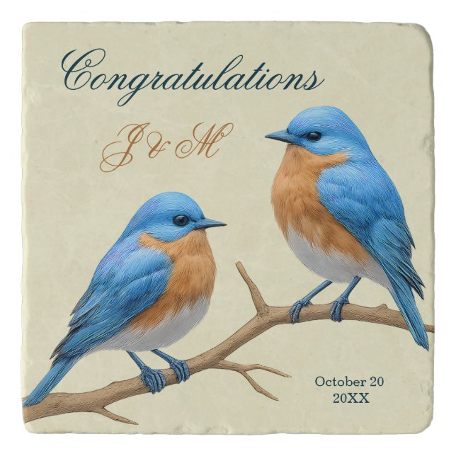 Ivory Pastel Lovebirds Romantic Bluebirds Wedding Trivet (Front)