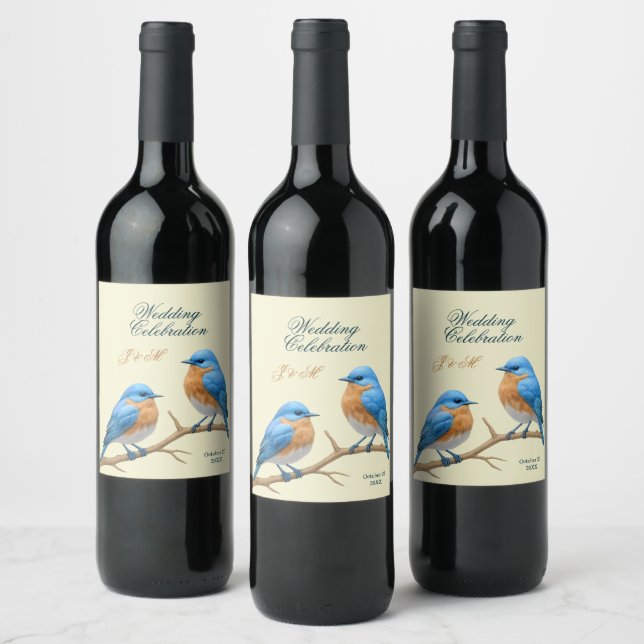 Ivory Pastel Lovebirds Romantic Bluebirds Wedding Wine Label (Bottles)
