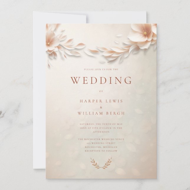 Ivory peach florals wedding invitation (Front)