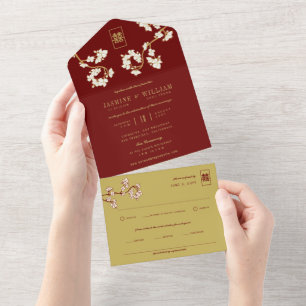 Ivory Peach/Plum Blossoms Chinese Double Happiness All In One Invitation