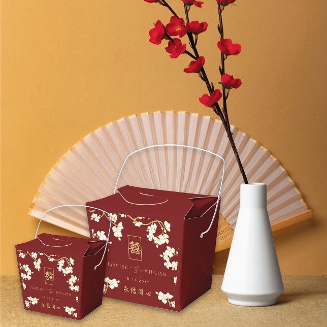 Ivory Peach/Plum Blossoms Double Happiness Wedding Favor Boxes (Burgundy/Ivory Peach/Plum Blossoms Double Happiness Chinese Wedding Favor Box @ fatfatin_red_box)