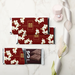 Ivory Peach/Plum Blossoms Double Happiness Wedding Hershey Bar Favors