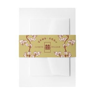 Ivory Peach/Plum Blossoms Double Happiness Wedding Invitation Belly Band