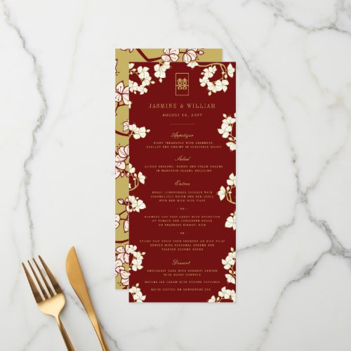 Ivory PeachPlum Blossoms Double Happiness Wedding Menu