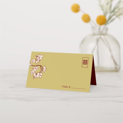 Ivory PeachPlum Blossoms Double Happiness Wedding Place Card