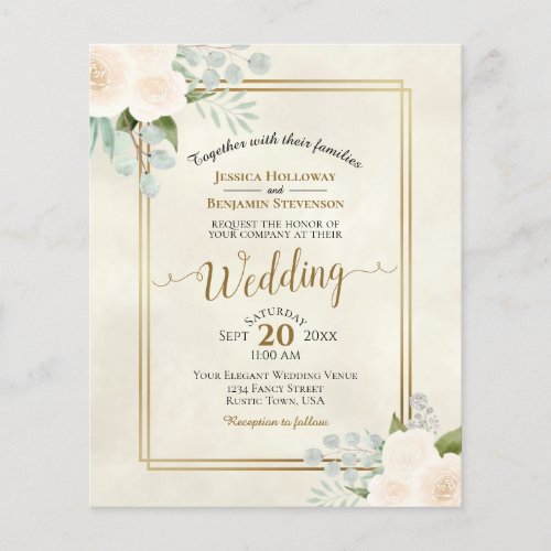 Ivory Peach Roses Chic BUDGET Wedding Invitation