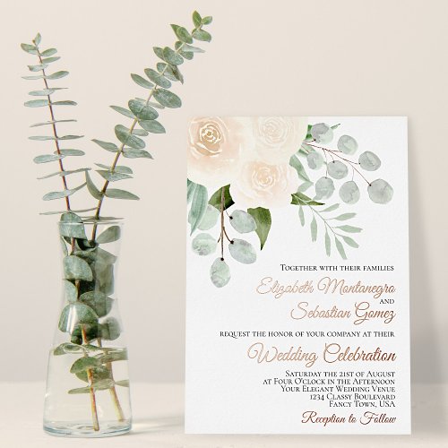 Ivory Peach Watercolor Roses Elegant Wedding Foil Invitation