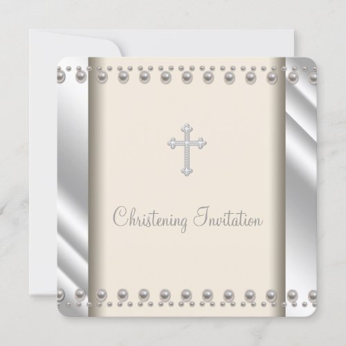 Ivory Pearl Cross Baby Boy Girl Christening Custom Invitations
