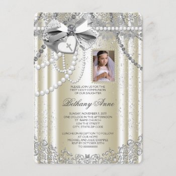 Ivory Pearl Cross Photo First Communion Invitation by InvitationCentral at Zazzle