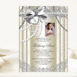 Ivory Pearl Cross Photo First Communion Invitation