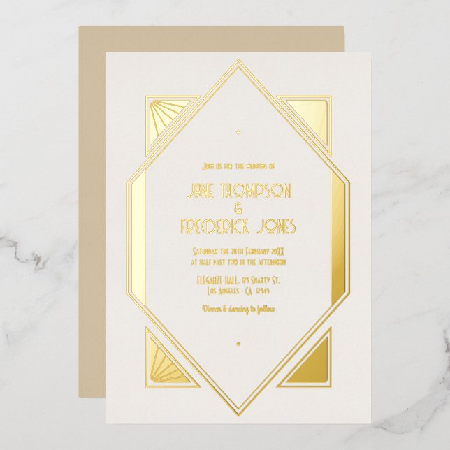 Ivory Pearl & Gold Gatsby Art Deco Wedding Foil Invitation (Front/Back)