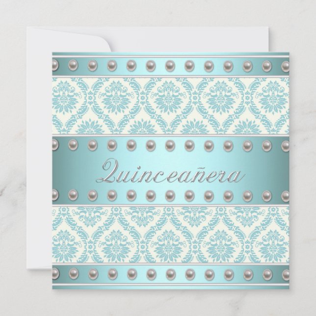 Ivory Pearls Teal Blue White Damask Quinceanera Invitation (Front)