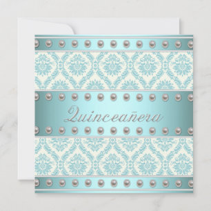 Ivory Pearls Teal Blue White Damask Quinceanera Invitation