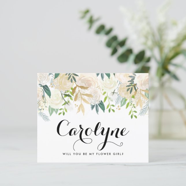 Ivory Peonies Floral Be My Flower Girl Card (Standing Front)