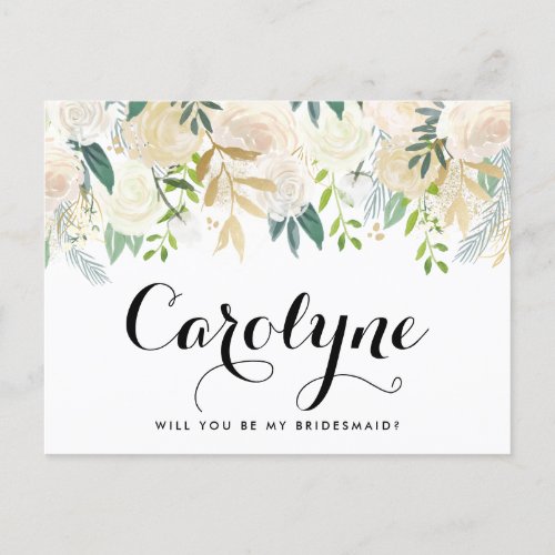 Ivory Peonies Floral Will You Be My Bridesmaid Postcard