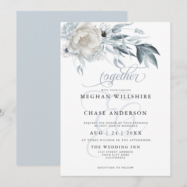Ivory Peonies with Dusty Blue Anemone Floral Invitation (Front/Back)