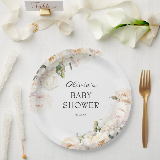 Ivory Peony Floral Garden Neutral Baby Paper Plates (Wedding)
