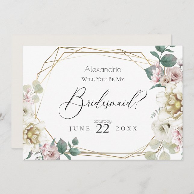 Ivory Peony Flowers Will You Be My Bridesmaid Invitation (Front/Back)
