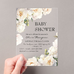 Ivory Peony Neutral Baby Shower Acrylic Invitations