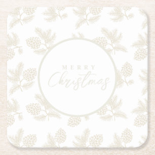 Ivory Pine Sprigs border Christmas/holiday Square Paper Coaster