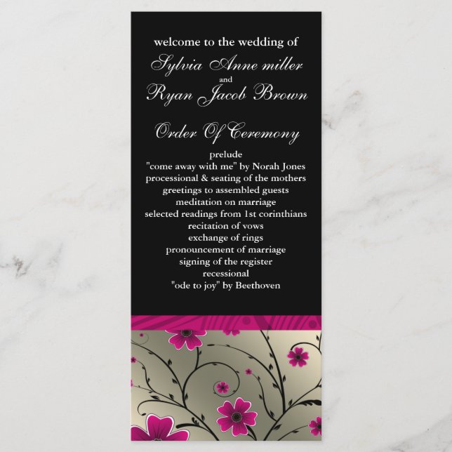 ivory pink and black floral Wedding program (Front)