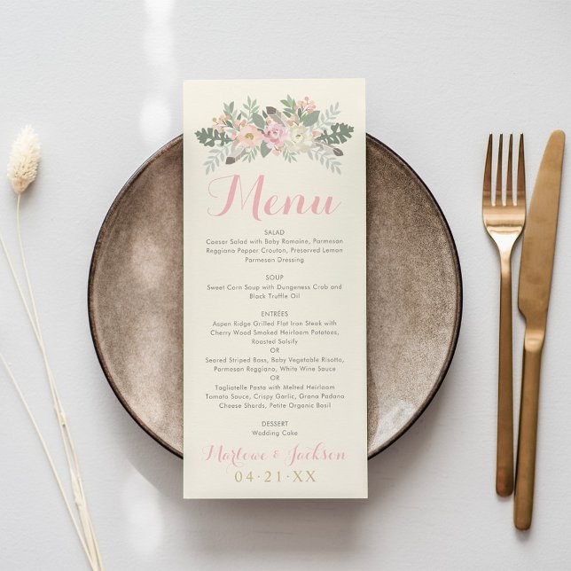 Ivory Pink and Gold Floral Boho Wedding Dinner Menu (Creator Uploaded)