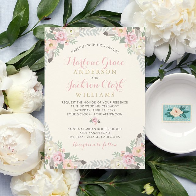 Ivory Pink and Gold Floral Boho Wedding Invitation (Creator Uploaded)