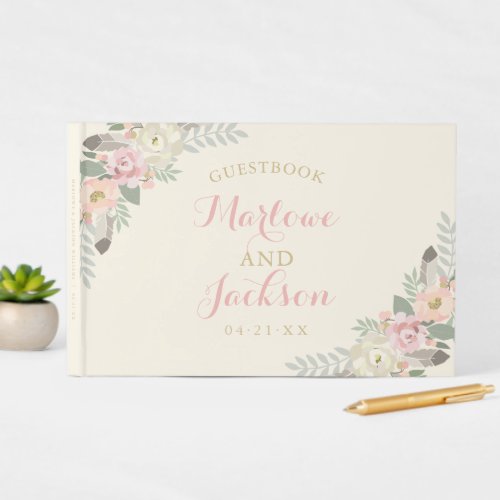 Ivory Pink and Gold Floral Boho Wedding Monogram Guest Book