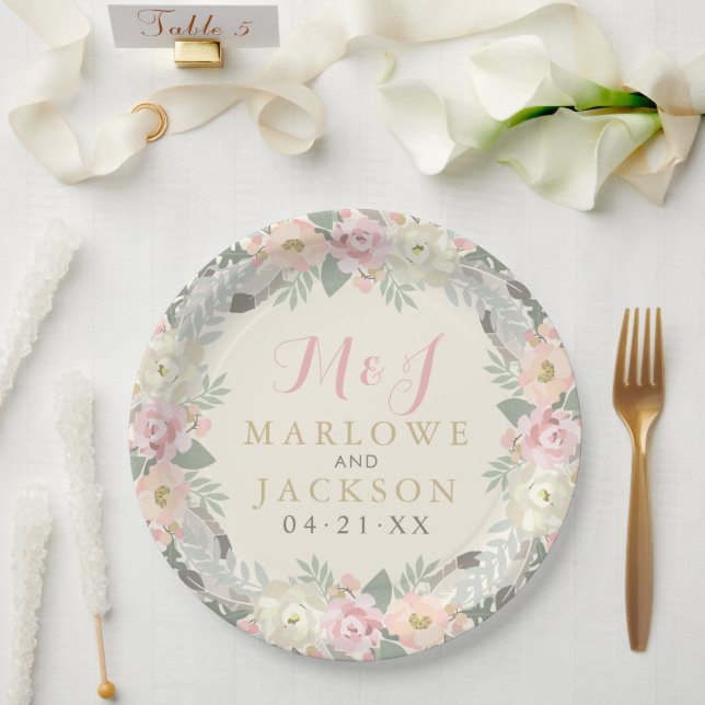 Ivory Pink and Gold Floral Boho Wedding Monogram Paper Plates (Wedding)